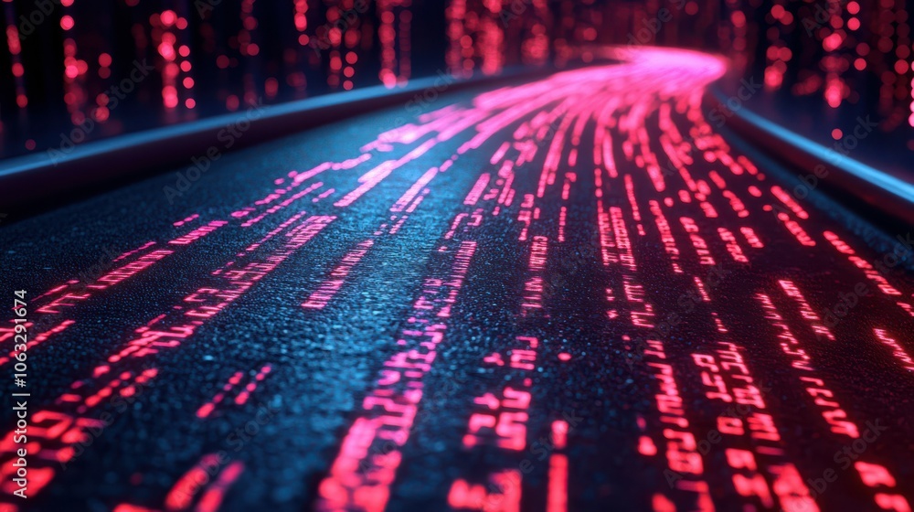 Poster sreaming data, binary data moving on a digital road - digital code road concept - 3d illustration\