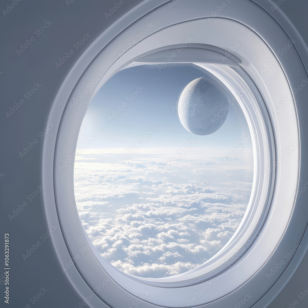 Poster futuristic airplane window with space view white background