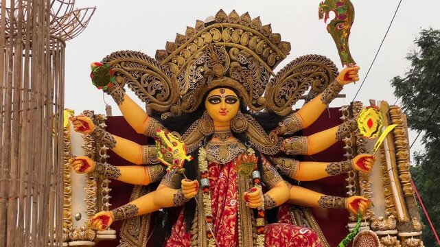 Closeup shot of Durga idol looking extremely gorgeous at carnival procession at Red Road in Kolkata, India. Durga Puja.