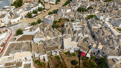 Aerial view of the Trulli in the historic center of Alberobello, in the metropolitan city of Bari,...