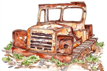 Rusty Excavator with Demolition Hammer in Landscape White Background