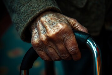 A close-up of an elderly hand gripping a cane. The hand shows signs of age and wisdom. This image conveys strength and resilience. Perfect for healthcare themes. Generative AI.