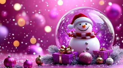 Obraz premium Heartwarming Snowy Scene Dome with Snowman, Holiday Gifts, and Christmas Cheer.Generative AI 雪だるまとホリデーギフト、クリスマスの喜びに包まれた心温まる雪景色スノードーム