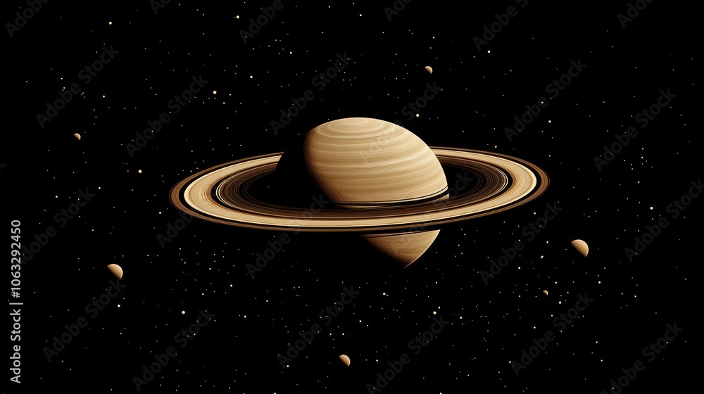 Poster a depiction of saturn surrounded by its rings and moons in a starry space background.