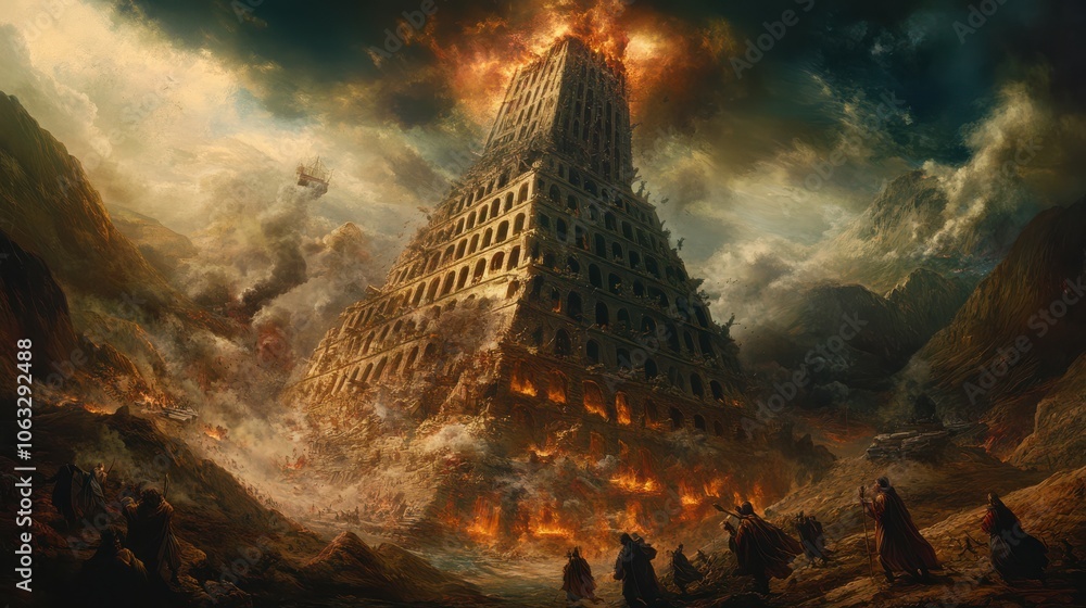 Poster scene of the tower of babel being destroyed by god, causing the confusion of languages and the scatt