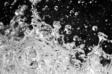 A close-up of a black and white photo showing a splash of water, great for use in designs related to nature, science, or art