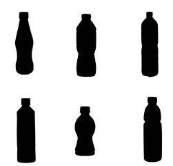 A set of six different plastic bottle silhouettes on a plain white background, showcasing diverse shapes and designs. Perfect for themes related to packaging, recycling, and environmental awareness.