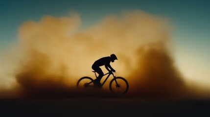 Naklejka premium Silhouette of a cyclist riding through a dust storm during sunset, creating a dramatic and adventurous scene.