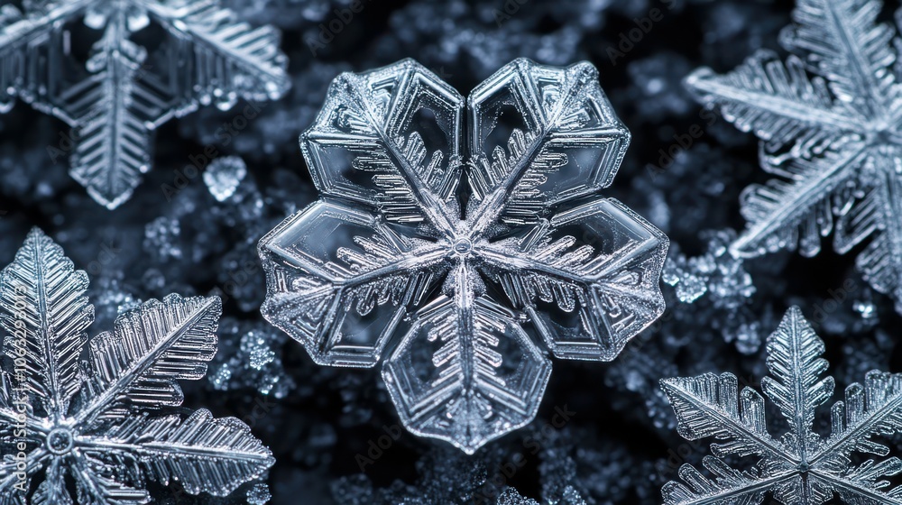 Poster snowflakes arranged in a perfect hexagonal grid, each flake detailed with sharp, geometric precision