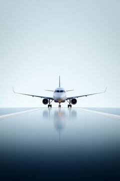 Airplane on the runway, preparing for takeoff on a clear day, symbolizing travel and aviation.