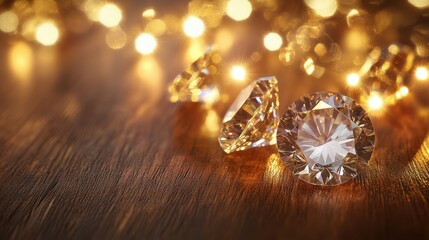 Fototapeta premium Sparkling Round Diamonds on a Wooden Surface With Twinkling Lights in the Background