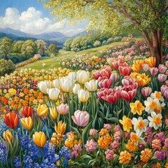 Springtime garden bursting with colorful tulips and daffodils