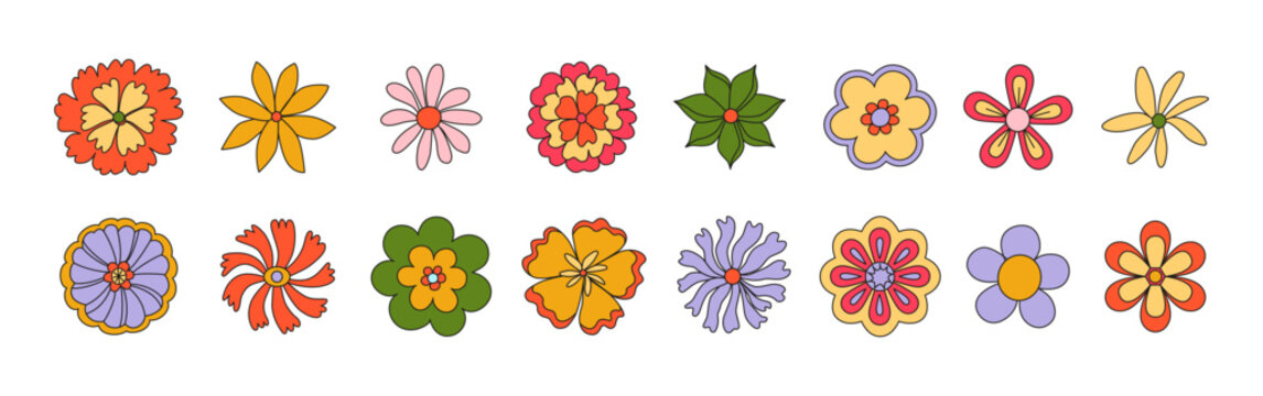 70s groovy hippie flowers. Retro psychedelic daisy, chamomile. Flower power. Trippy floral botanical stickers. Good vibes only. Vector isolated on white.