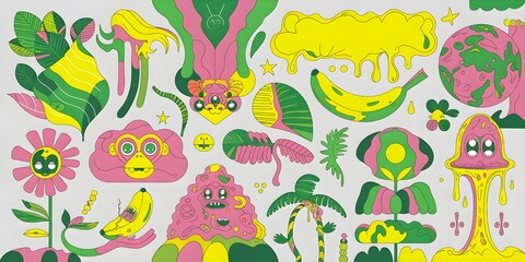 Naklejka premium modern digital illustration set with a neon color palette and bold line work. The artwork features a surreal, playful
