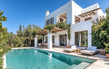Fototapeta premium A stunning modern villa with white walls, wooden accents, and large windows