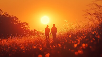 Fototapeta premium Two silhouettes walking in a field of tall grass against an orange sunset with a large sun in the sky. .