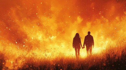Fototapeta premium Two silhouettes of people walking in a field of tall grass against a fiery orange and yellow sky filled with sparks .