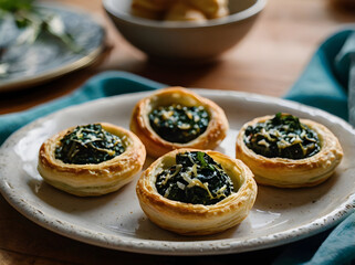 Mini puff pastry canapés filled with creamy spinach and ricotta, resting on a vibrant dish for a cozy evening gathering.