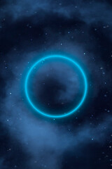 Fototapeta premium Abstract dark background with smoke and a neon circle in the center.