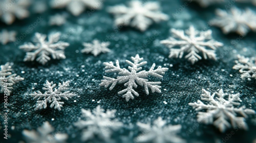 Poster sharp, angular snowflakes arranged in a repeating pattern on a festive tablecloth, creating a clean,