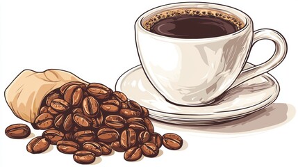 Stacked Coffee Cups with Coffee Beans White Background