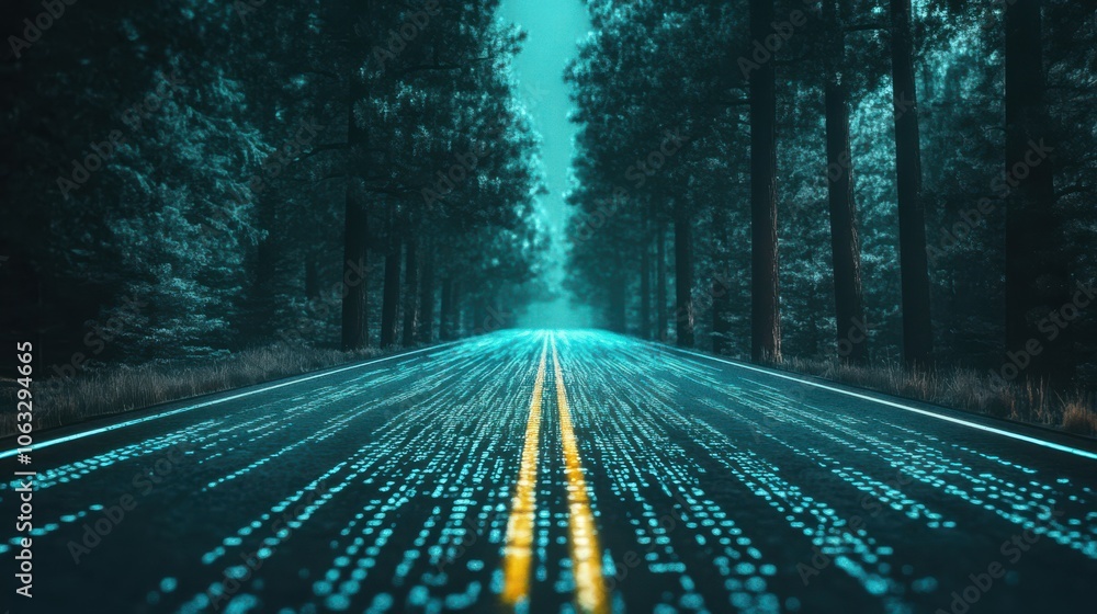 Poster sreaming data, binary data moving on a digital road - digital code road concept