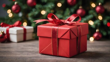 Fototapeta premium Christmas gift closeup, red christmas present wallpaper with decorated christmas tree in the background