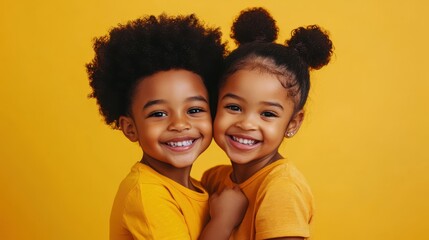 Siblings love. Cute little afro brother and sister cuddling and smiling at camera over yellow studio background, free space