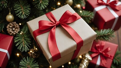 Christmas gift closeup, white christmas present wallpaper with decorated christmas tree in the background