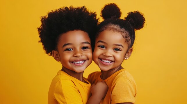 Siblings love. Cute little afro brother and sister cuddling and smiling at camera over yellow studio background, free space