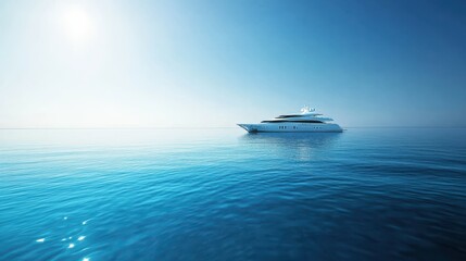 Naklejka premium Super yacht cruising on horizon. Clear skies. Calm water.