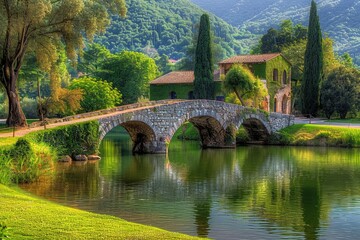 Fototapeta premium A stone bridge crosses over a small lake, perfect for scenic landscapes or rural scenes
