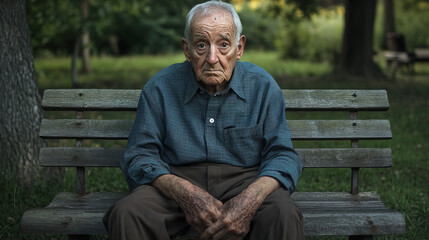 Fototapeta premium An elderly man in an old jacket is standing by a wooden fence, leaning on a cane. His face expresses sadness, and against the background there are autumn leaves and a rural house.