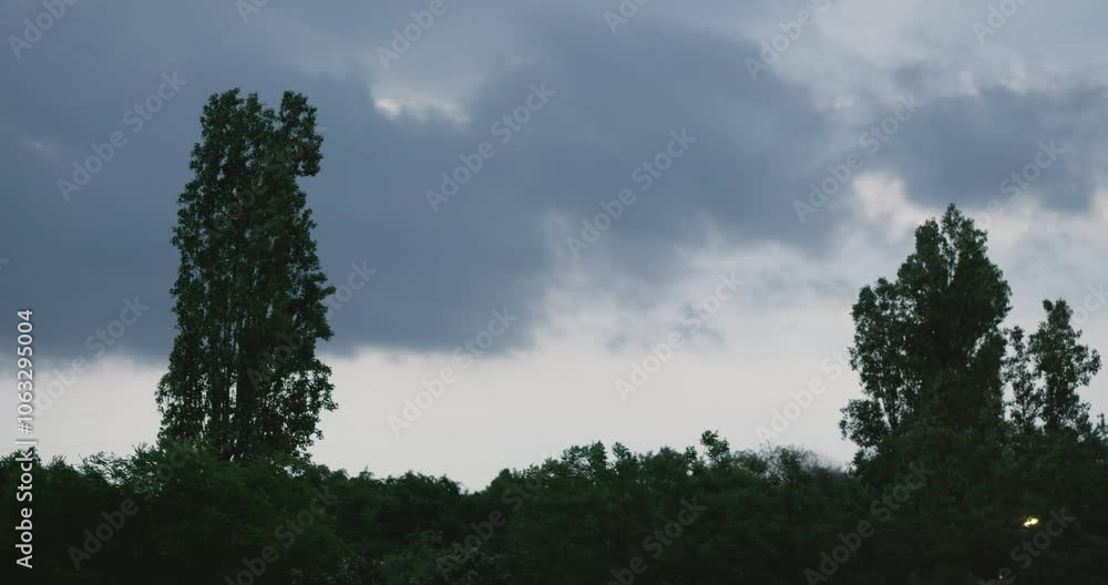 Poster storm clouds over tree line at dusk