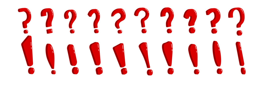 Red symbols with exclamation and question marks, designed to highlight warnings, risks, and important information. For signaling danger, urgency, or advice.