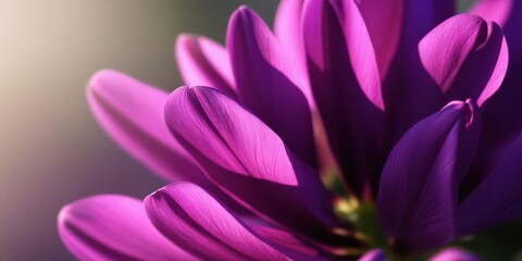 A close-up of vibrant purple flower petals showcasing intricate details and soft textures, illuminated by gentle light.