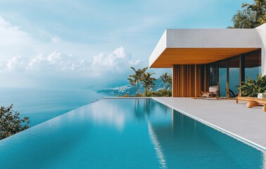 Fototapeta premium Modern villa with pool in high-end area of town, minimalist concrete and wood facade