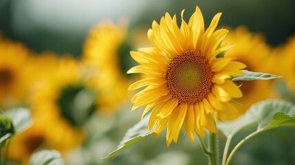 Obraz premium A vibrant sunflower stands tall among a field of blooms, showcasing its bright yellow petals and textured center in natural light.