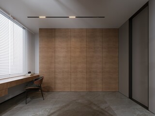 Modern minimalist home office with wooden wall panels and natural light