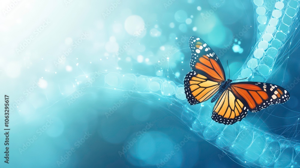 Poster science technology banner cover with a close-up of a genome and a translucent butterfly on an abstra