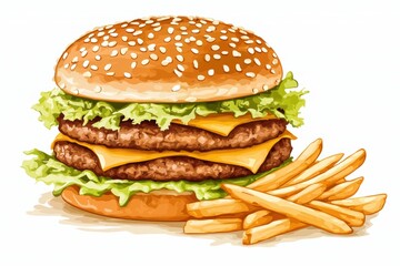 Juicy Double Burger with Crispy Fries on a Plate White Background