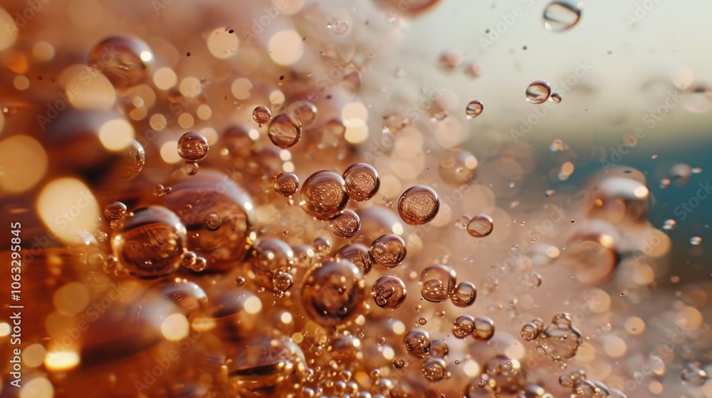 Poster golden water droplets close-up, with soft light and sparkling bubbles creating an abstract effect.