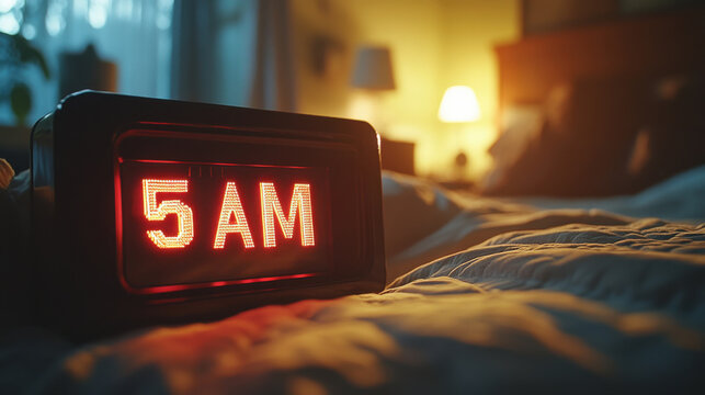 Digital alarm clock displaying 5 AM, early morning time, bedroom interior, close-up, warm lighting, sleep, waking up, quiet dawn, early riser, peaceful setting
