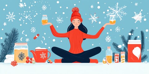 Woman doing stretches, surrounded by cozy tea, vitamins, winter wellness items, flat design illustration