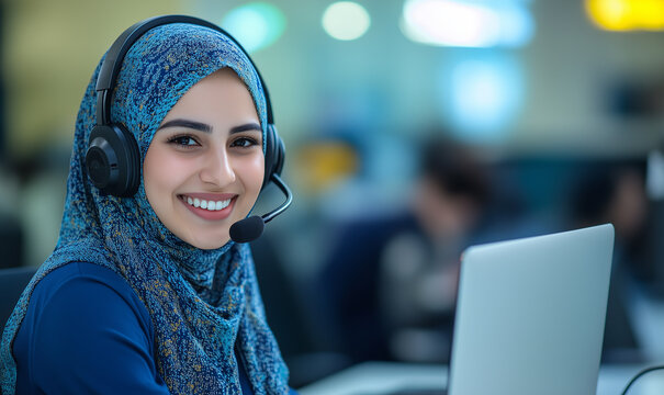 Muslim woman employee with hijab smiling, working with her laptop and headphones with microphone as a teleoperator or customer service. Blurred office background.