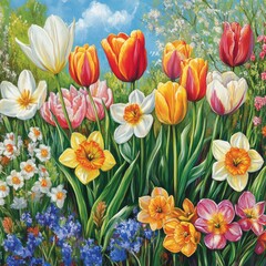 Springtime garden bursting with colorful tulips and daffodils 