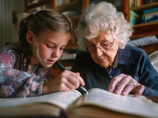 A grandmother and her granddaughter, sharing the joy of reading.