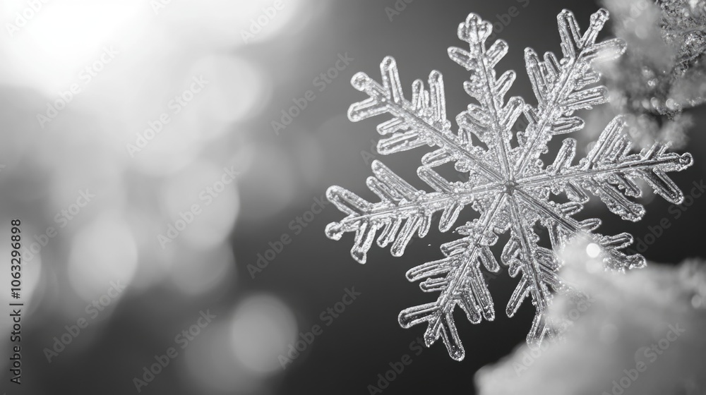 Poster a detailed view of a delicate snowflake clinging to a tree branch, highlighting the intricate detail