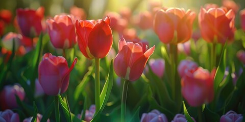 Fototapeta premium A field of vibrant red and pink tulips, basking in the warm sunlight during a beautiful spring day.