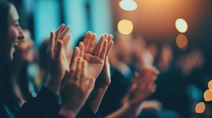 Success, conference or happy business people clapping for feedback, seminar or celebration. Presentation, praise or applause of audience for winning goal, motivation and awards for target achievement